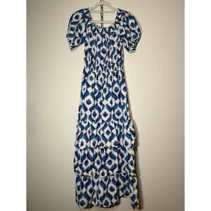 KNOX ROSE Blue and White Tiered Maxi Dress Scoop Neck Balloon Sleeve Size XS